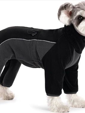 Reflective Black and Gray Fleece Dog Jumpsuit - Cozy All-Season Coat